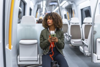 Young beauty latin woman with curly hair sitting distracted on the metro using phone