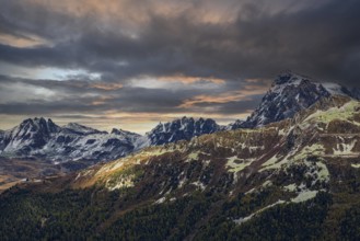 Dark clouds at sunset, snow-covered mountains above Saint Luc, Val d'Anniviers, Valais Alps, Canton