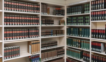 Bookshelves with historical folios, Staatsbibliothek Unter den Linden, Berlin, Germany, Europe