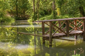 Wooden bridges at the Lake of the Ducks in the Natural Park of the Monastery of Piedra, Aragon,
