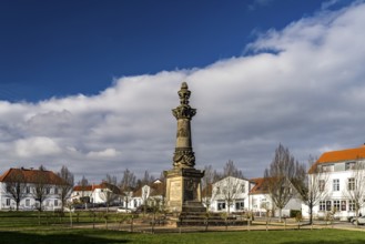 Market with the memorial in honour of the fallen in Putbus, Ruegen Island, Mecklenburg-Western
