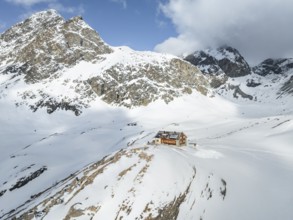 Aerial view, Piz Picuogl, winter in the mountains, Chamanna Jenatsch CAS, Swiss Alpine Club hut,