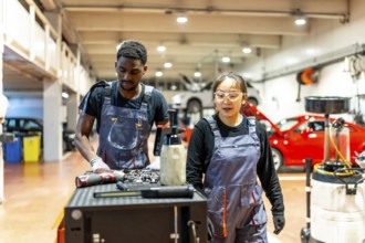 Two auto mechanics are performing maintenance in a professional car workshop, showcasing teamwork
