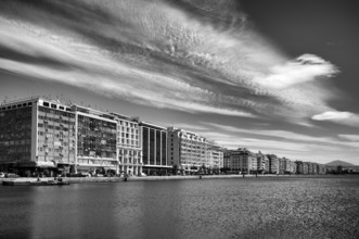 Old harbour, view of waterfront, skyline of Thessaloniki, black and white, Thessaloniki, Macedonia,