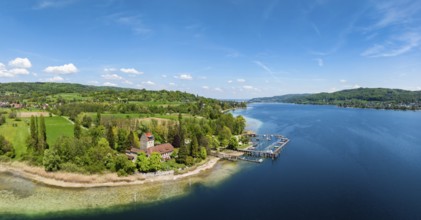 Aerial view, panorama of Oberstaad Castle, also Jacques Schiesser House on the southernmost part of