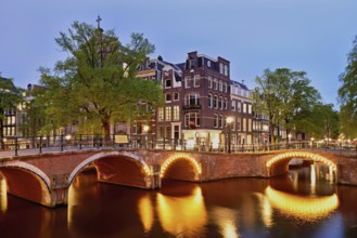 Prinsengracht canal in the evening light after sunset, Amsterdam, North Holland, Netherlands