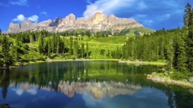 Stunning view of latemar mountain group reflecting in the emerald smooth water of lake carezza on a