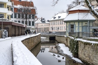 On the snow-covered Leine Canal in Göttingen, Lower Saxony, Germany, Europe