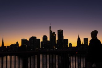 The silhouette of Frankfurt's banking skyline stands out in the evening against the residual light