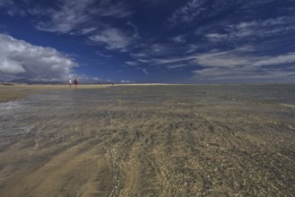 Wide beach Playa Risco del Paso, Playa de Sotavento with sea view, clouds in the blue sky and a