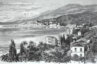 General view of Mentone, Menton, around 1890, in southern France, digital reproduction of an