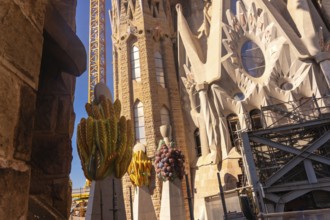 Colorful ceramic pinnacles and construction crane are visible at sagrada familia in barcelona, a