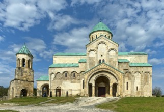 South façade of Bagrati Cathedral, Kutaisi Cathedral, and historic bell tower, Kutaisi, Imeretia,