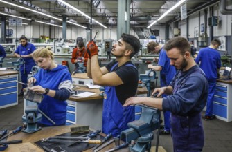 Remscheid, North Rhine-Westphalia, Germany - Trainees in the metalworking trades here during basic