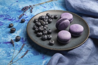 Purple macarons or macaroons cakes with blueberries on ceramic plate on a blue concrete background