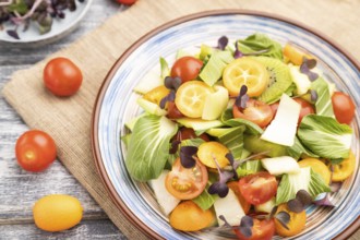 Vegetarian salad of pac choi cabbage, kiwi, tomatoes, kumquat, microgreen sprouts on gray wooden