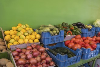 Market stall with various types of fruit and vegetables such as lemons, potatoes, onions, tomatoes,