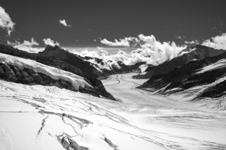 Snow mountains, the Swiss alps, Jungfrau Joch and glacier in black and white landscape.