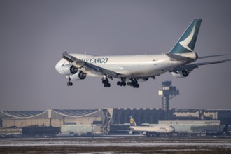 Cathay Pacific Boeing 747-8F cargo aircraft approaching Frankfurt FRA airport, air traffic control