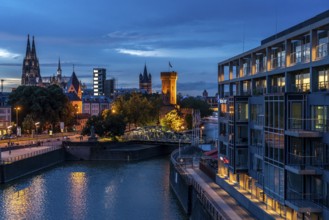 Skyline with Cologne Cathedral, Groß St. Martin Catholic Church, Malakoff Tower, Rheinauenhafen
