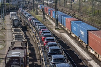 Duisburg-Rheinhausen freight station, at the Logport harbour area, goods trains loaded with new