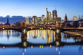 Skyline of the city centre of Frankfurt am Main, river Main, dusk, Ignatz-Bubis-Brücke, Hesse,