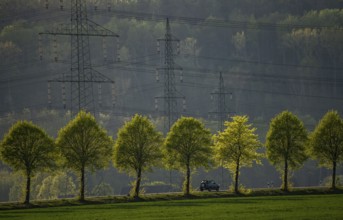 Traffic on the B59 motorway near Grevenbroich, avenue, high-voltage pylons, Germany, Europe