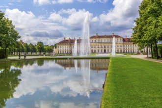 Garden parterre with fountain in front of the New Palace in the Schleissheim Palace complex,