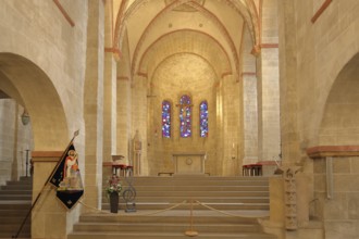 Chancel of the Romanesque Basilica of St. Lubentius, flag of St. Lubentius, interior view,