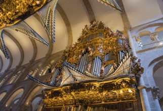 Baroque organ with lavish golden decorations in a sacred interior, cathedral, Santiago de