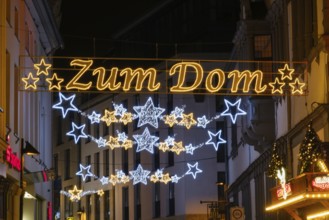 Christmas decoration above the pedestrian zone, Zum Dom, night shot, Paderborn, Westphalia, North