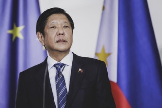 Ferdinand Marcos Jr, President of the Philippines, speaks to the media after a joint meeting with