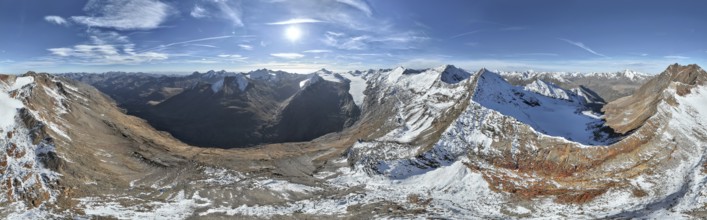 Glacier Gurgler Ferner and Hinterer Spiegelkogel, Ramoljoch, alpine panorama, aerial view,