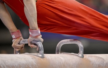 Feature detail close-up Senne Spyckerelle BEL pommel horse action gymnastics, EnBW DTB-Pokal,