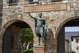 Main gate, Porta Praetoria with bronze statue of Emperor Antoninus Pius, plaque with inscription