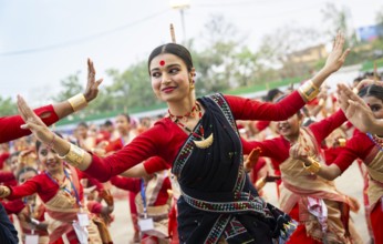 Participants with an instructor dance on the final day of a Bihu dance workshop ahead of Rongali