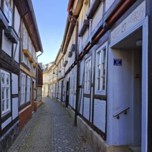 Narrow alley between half-timbered houses in the old town, UNESCO World Heritage Site, Goslar,