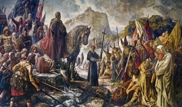 Charlemagne destroys the Irmin Column with grisailles in 772, mural by Hermann Wislicenus,
