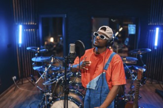 Talented musician singing and recording vocals for new song or album in professional music studio