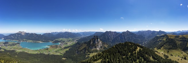 Drone shot, view from the summit of the Bleckwand to the Wolfgangsee, Osterhorngruppe,