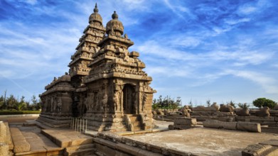 Panorama of famous Tamil Nadu landmark, Shore temple, world heritage site in Mahabalipuram, Tamil