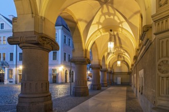 Arcades of New Town Hall building by night, Untermarkt, Görlitz, Goerlitz, Germany, Europe