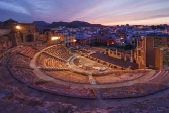 Teatro Romano, blue hour, Roman amphitheater, in the old town of Cartagena, Murcia region, Spain,