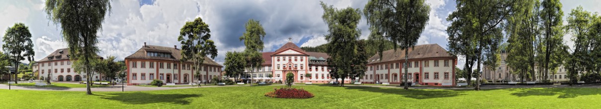 St Blasien Panorama in the spa garden with town hall Haus des Gastes and cathedral Germany