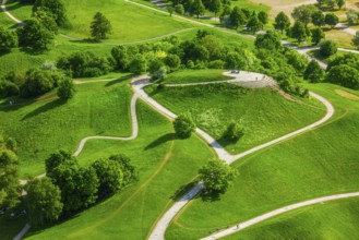 Aerial view of Olympiapark from Olympiaturm (Olympic Tower) . Munich, Bavaria, Germany, Europe