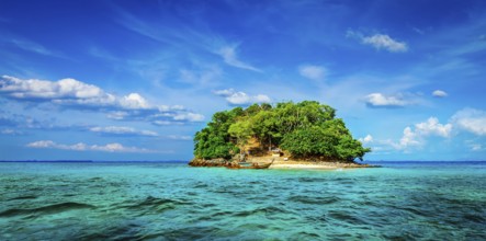 Panorama of tropical island and long-tail boat in sea. Thailand