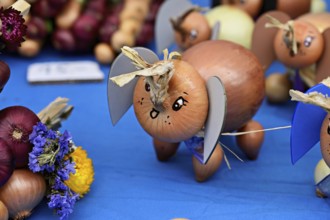 Market stall with onions in the shape of an elephant, onion market, Bern, Canton of Bern,