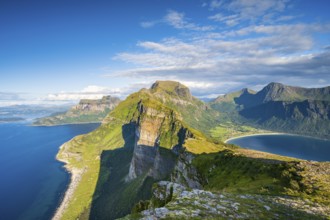 View from Finnesfjellet mountain to mountains and coast, evening Finnes, Helgeland coast, Bodø,