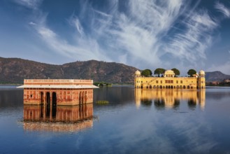 Rajasthan landmark, Jal Mahal (Water Palace) on Man Sagar Lake on sunset. Jaipur, Rajasthan, India,