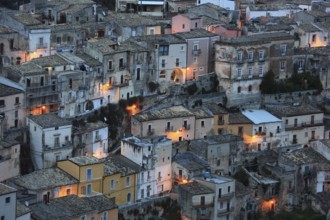 City of Ragusa, houses in the old town of Ragusa Superiore at blue hour, Sicily, Italy, Europe